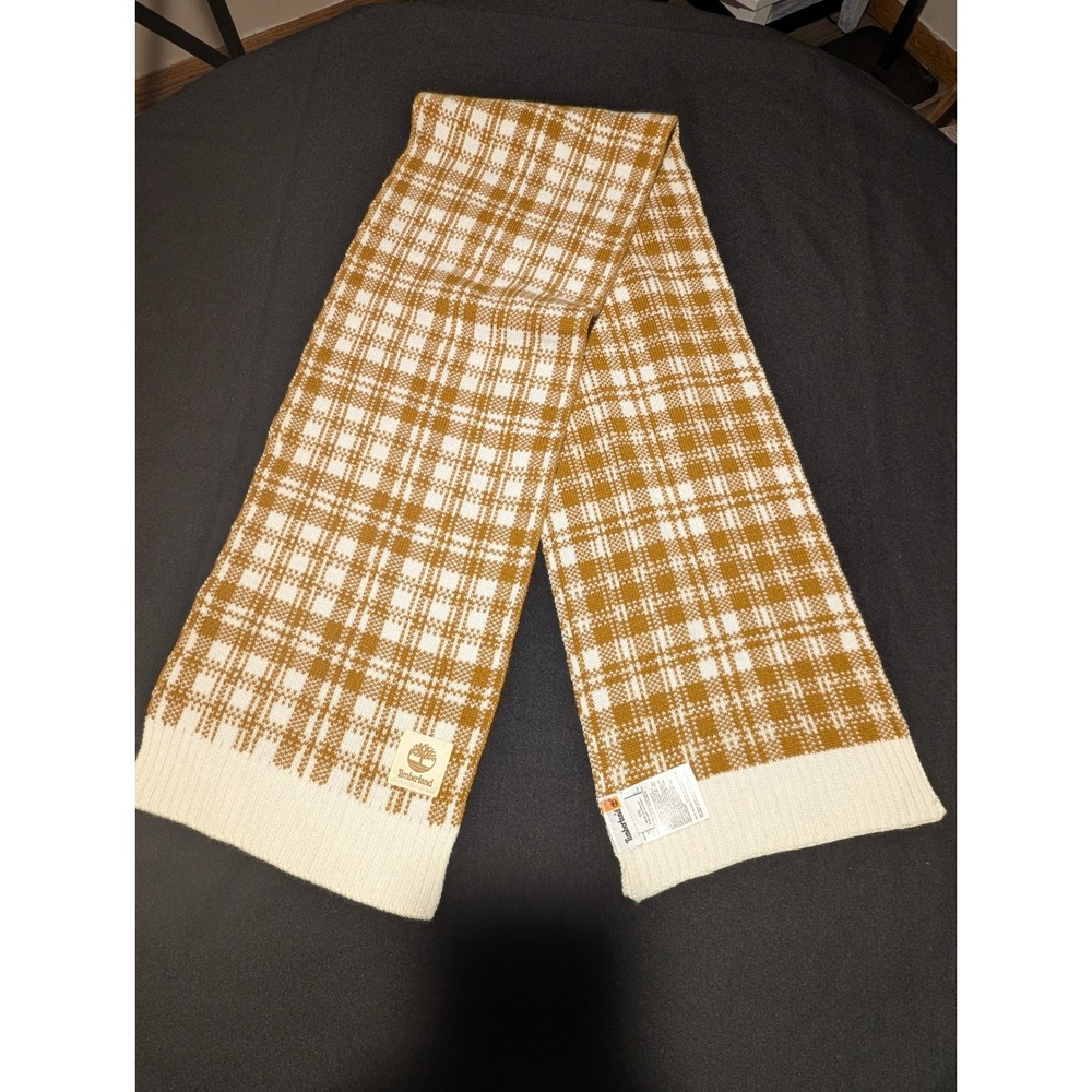 Timberland Plaid Knit Scarf Mustard Yellow Cream Acrylic Winter Wrap Logo Patch - Picture 2 of 4